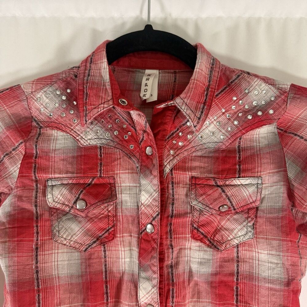 Roper Western Pearl Snap Shirt Girls Small Embellished Red Metallic Plaid Long S - Picture 2 of 7